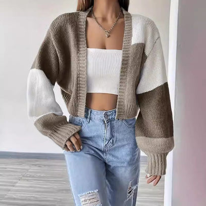 Women’s Cardigan – Cropped Fit – V-Neck – Balloon Sleeve – Soft Ribbed Texture