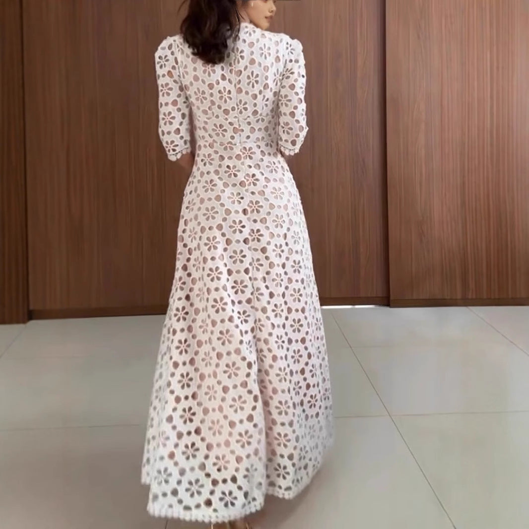 Women’s Maxi Dress – Floral Lace – A-Line Fit – V-Neck – Mid Sleeve Formal Wear
