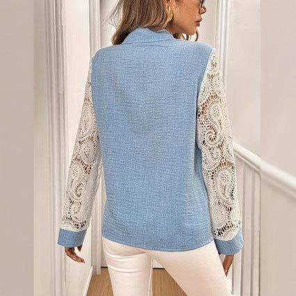 Women’s Blouse – Relaxed Fit – Lace Detail – Button Front – Long Sleeve Cotton Blend