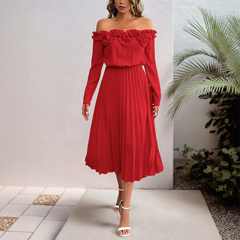 Women’s Midi Dress - Relaxed Fit - Woven Fabric - Off-Shoulder - Long Sleeve - Midi Length