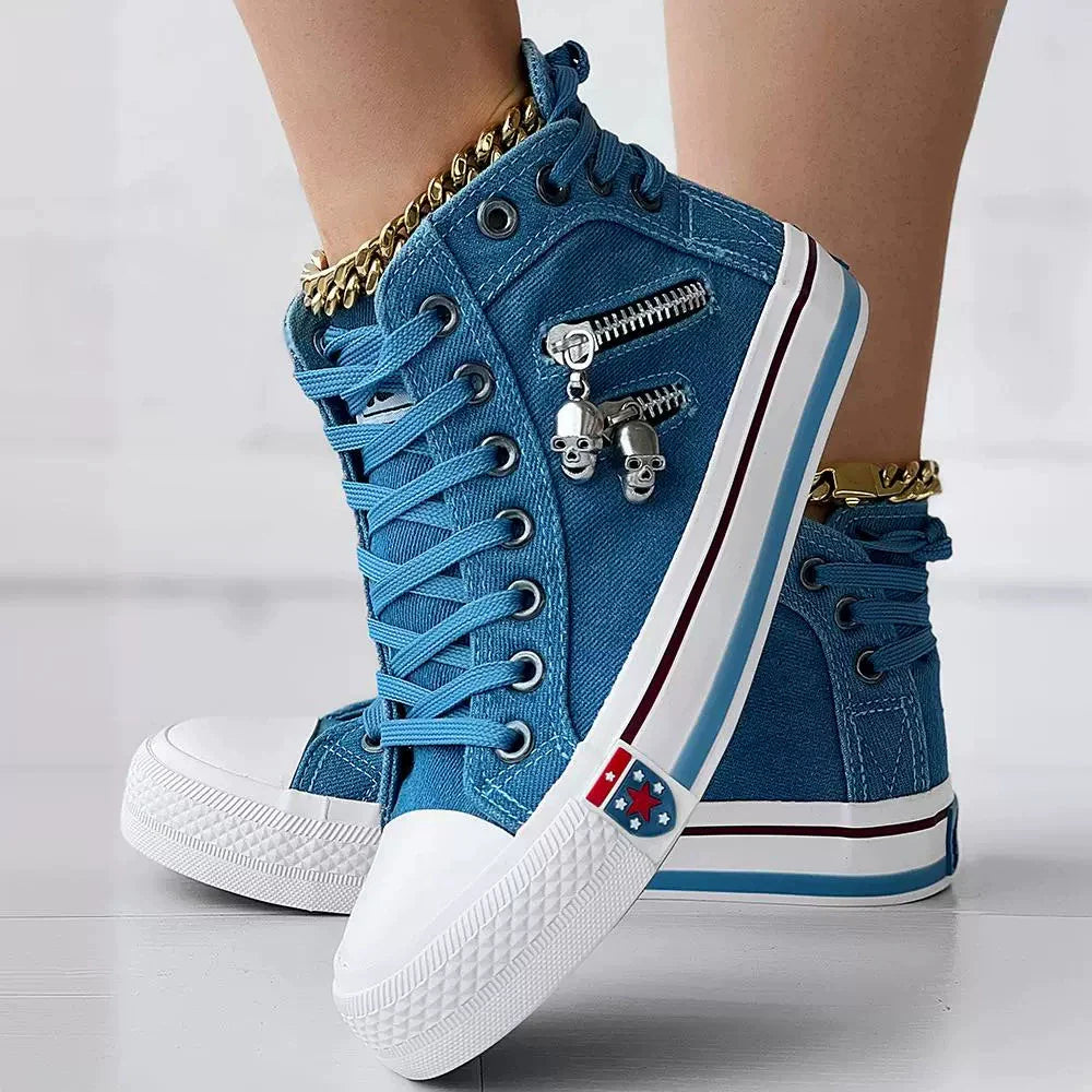 Women’s High-Top Sneakers – Denim – Lace-Up – Skull Charm – Zipper Side Detail