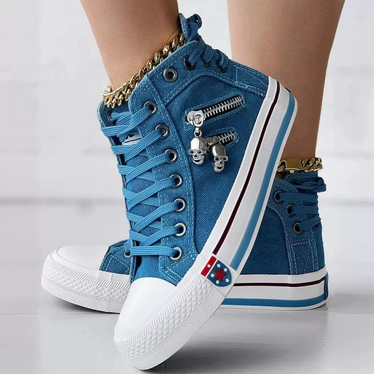 Women’s High-Top Sneakers – Denim – Lace-Up – Skull Charm – Zipper Side Detail