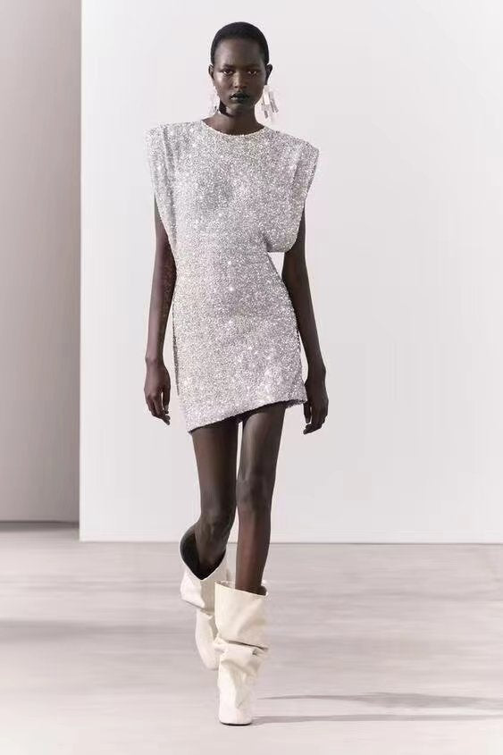 Women’s Mini Dress – Slim Fit – Sequin Fabric – Sleeveless – Structured Shoulders