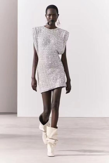Women’s Mini Dress – Slim Fit – Sequin Fabric – Sleeveless – Structured Shoulders