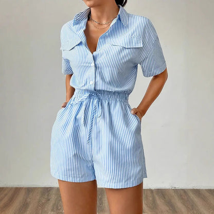 Women’s Romper – Button Front – Cinched Waist – Short Sleeve – Striped Cotton Blend