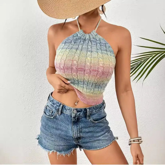 Women’s Halter Crop Top – Slim Fit Knit – Cable Pattern – Ribbed Hem Casual Wear