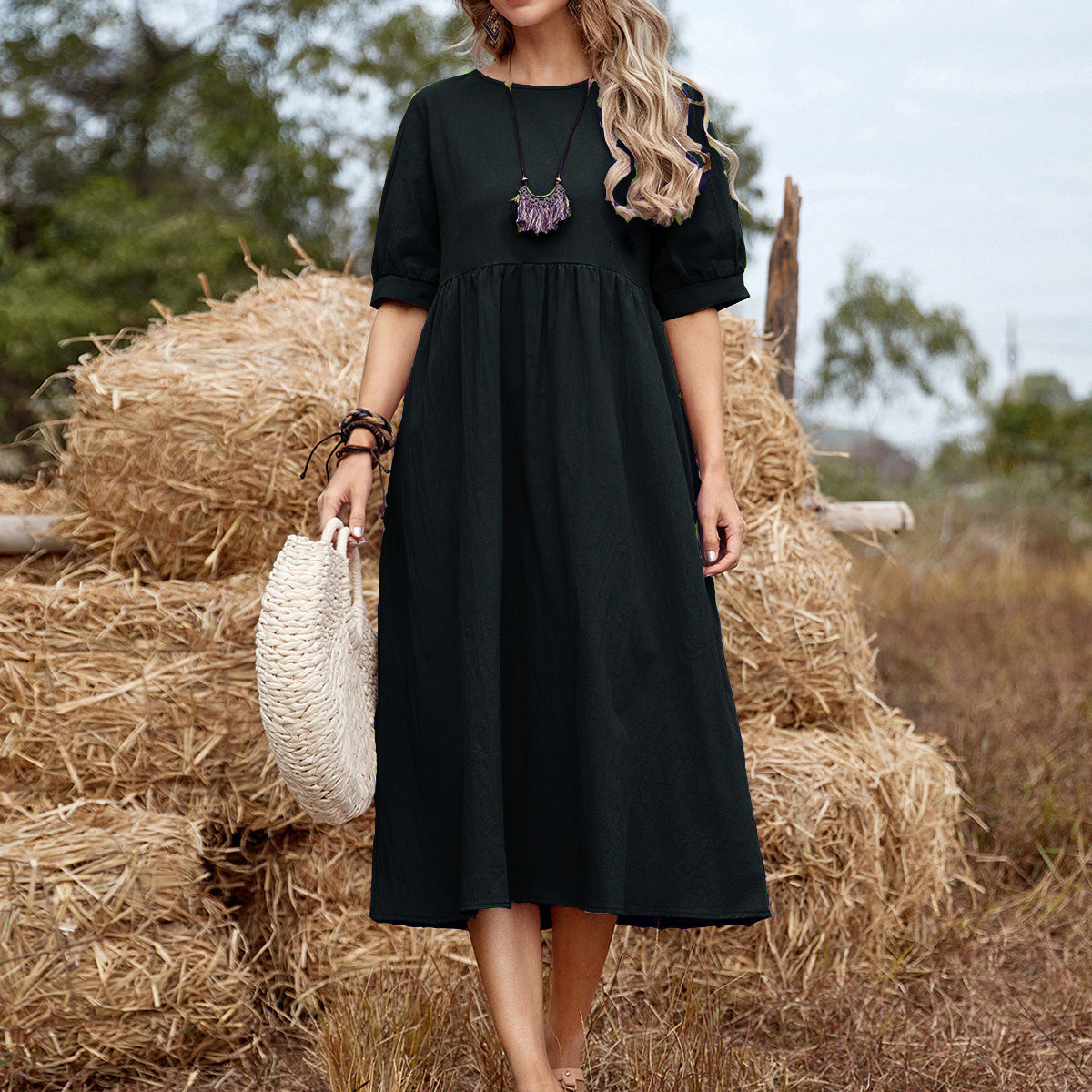 Women’s Midi Dress – Cotton – Relaxed Fit – Flared Silhouette – Elbow Sleeve Casual Wear