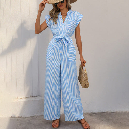 Women’s Jumpsuit – V-Neck – Striped – Tie Waist – Wide Leg – Short Sleeve – Pockets