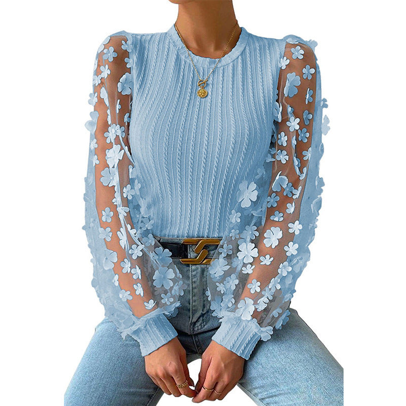 Women’s Long Sleeve Shirt – Slim Fit – Ribbed Bodice – Sheer Floral Mesh Sleeves