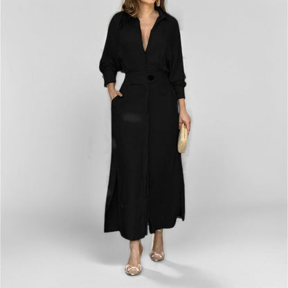 Women’s Shirt Dress – Tailored Fit – V-Neck – Linen – Asymmetrical Hem – Long Sleeve