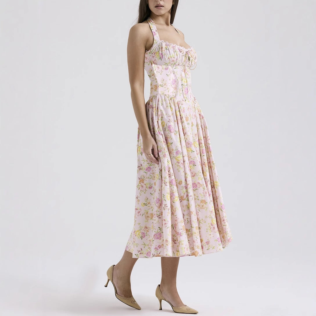 Women’s Halter Neck Dress – Slim Fit – Gathered Bodice – Backless – Midi Flared Skirt