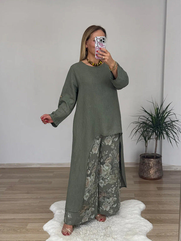 Women’s Tunic Top – Relaxed Fit – Cotton Blend – Long Sleeve – High-Low Hem