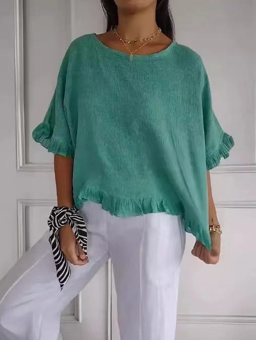 Women’s Blouse – Relaxed Fit Cotton Linen – Ruffle Hem – Short Sleeve – Round Neck