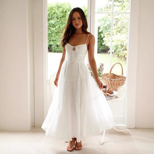 Women’s Long Dress – Sleeveless Backless – Tiered Flowy Fit – Spaghetti Straps