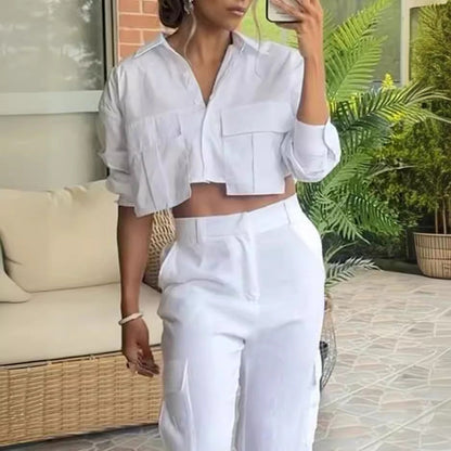 Women’s Two-Piece Set – Relaxed Fit Cotton – Cropped Top – Wide-Leg – High-Waist Pants