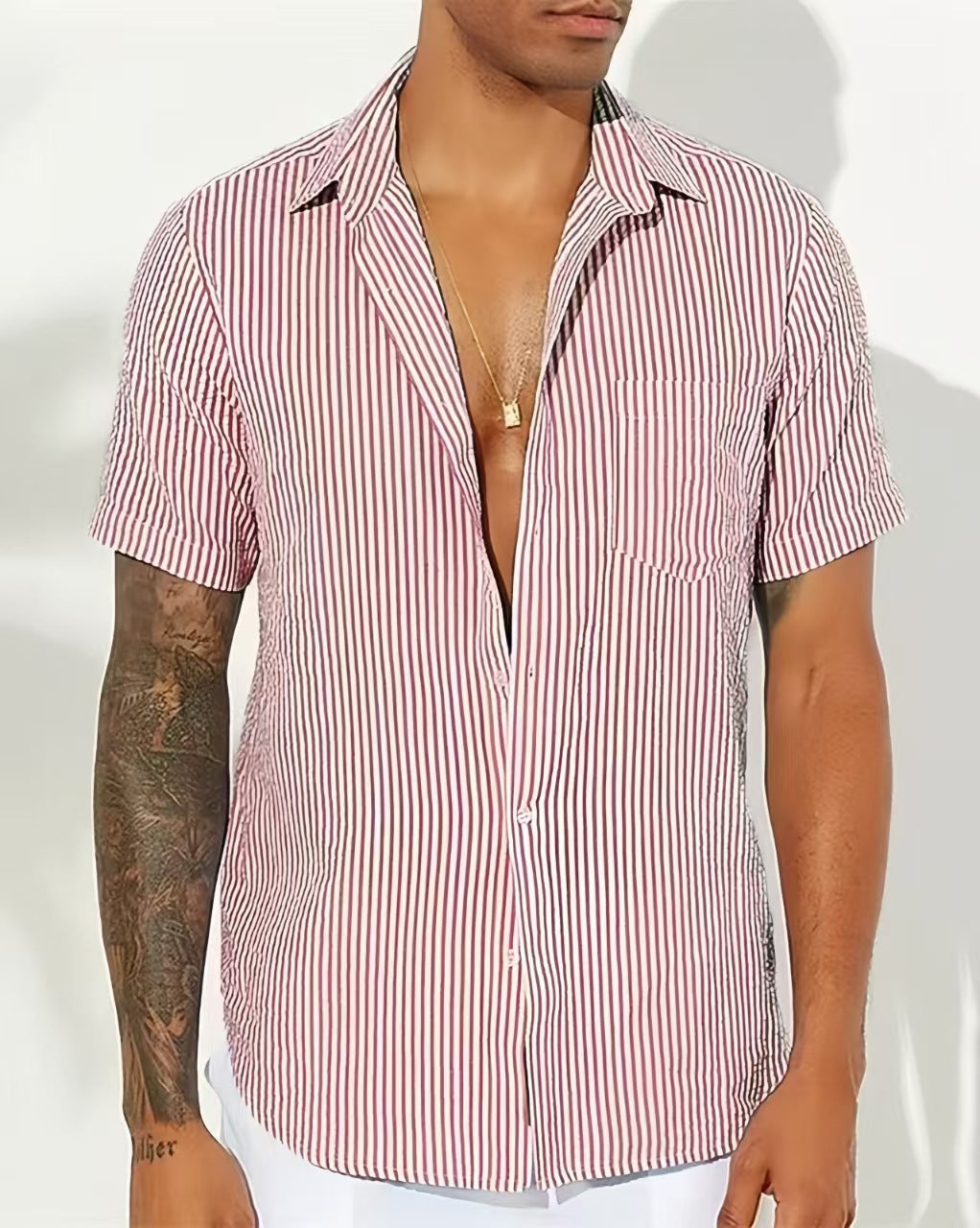 Men’s Casual Shirt – Cotton Blend – Relaxed Fit – Short Sleeve – Vertical Stripes