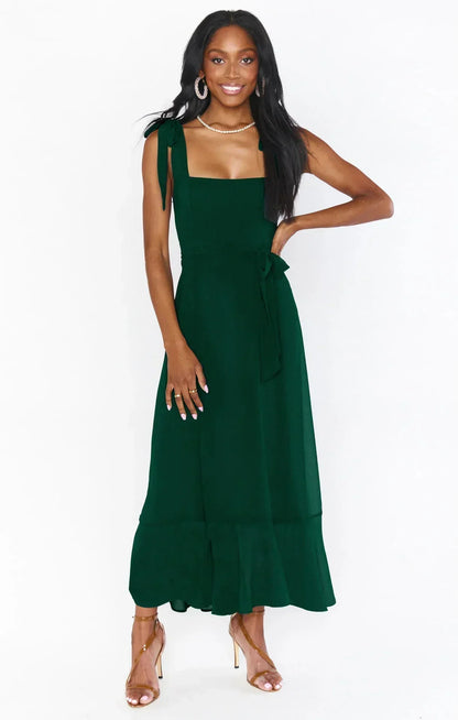 Women's Midi Dress - Square Neck - Sleeveless Bow Straps - Fitted Waist - Flared Hem