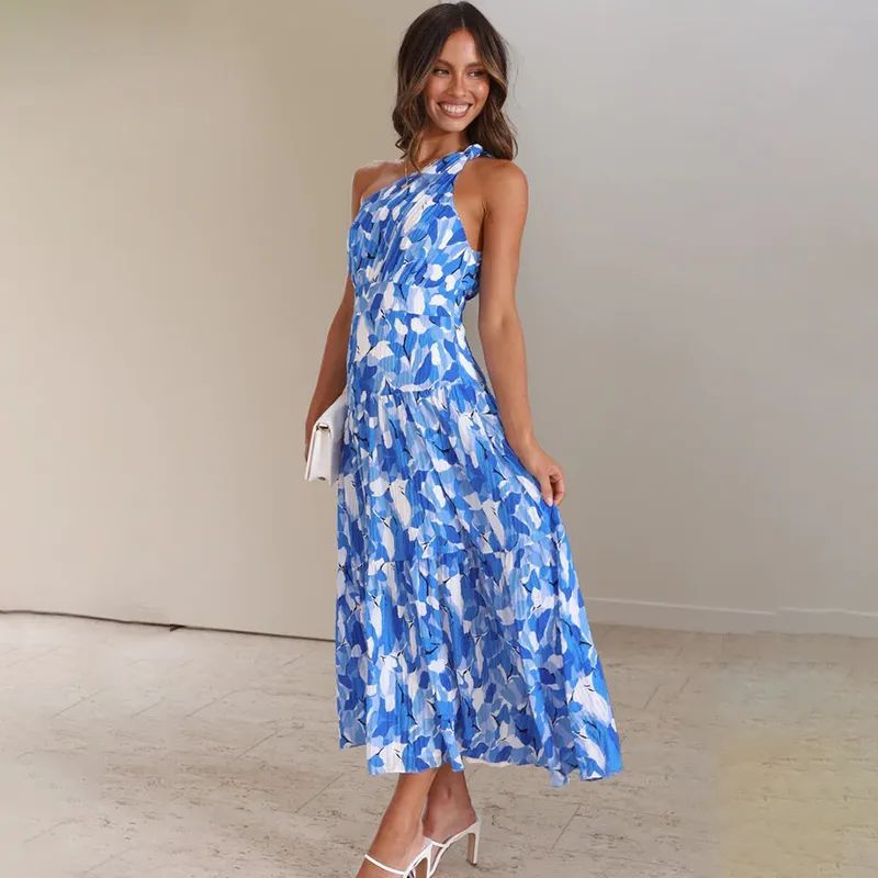 Women’s Maxi Dress – One Shoulder – A-Line Fit – Sleeveless – Printed Breathable Blend