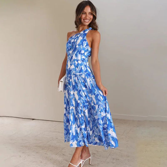 Women’s Maxi Dress – One Shoulder – A-Line Fit – Sleeveless – Printed Breathable Blend