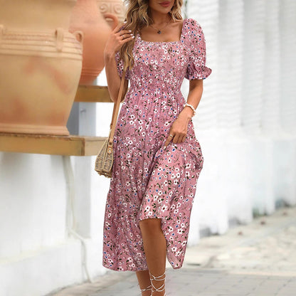 Women’s Midi Dress – Cotton Blend – Empire Waist – Puff Sleeve – Floral Print – Square Neck