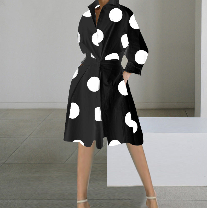 Women’s Mid-Length Dress – V-Neck – Long Sleeve – Cotton – Waist Knot – Polka Dot