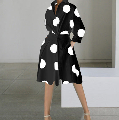 Women’s Mid-Length Dress – V-Neck – Long Sleeve – Cotton – Waist Knot – Polka Dot