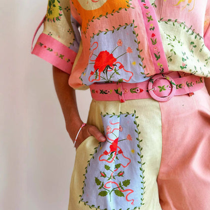 Women’s Linen Shirt and Shorts Set – Relaxed Fit – Embroidered – High-Waist Belted