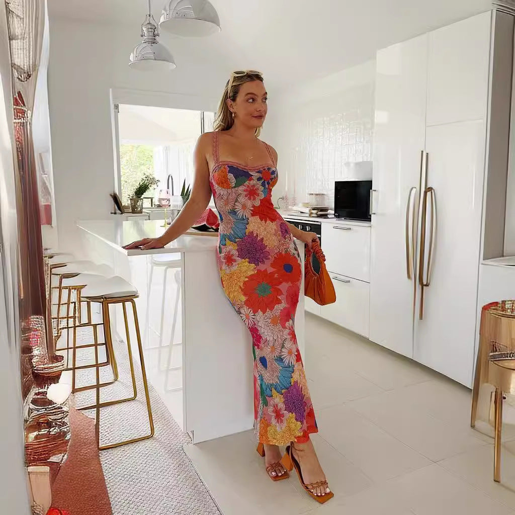 Women’s Sleeveless Dress – Slim Fit – One Shoulder – Floral Print – Full Length