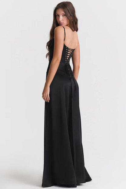 Women’s Evening Dress – Satin – A-Line Fit – Spaghetti Strap – Open Back – Floor Length