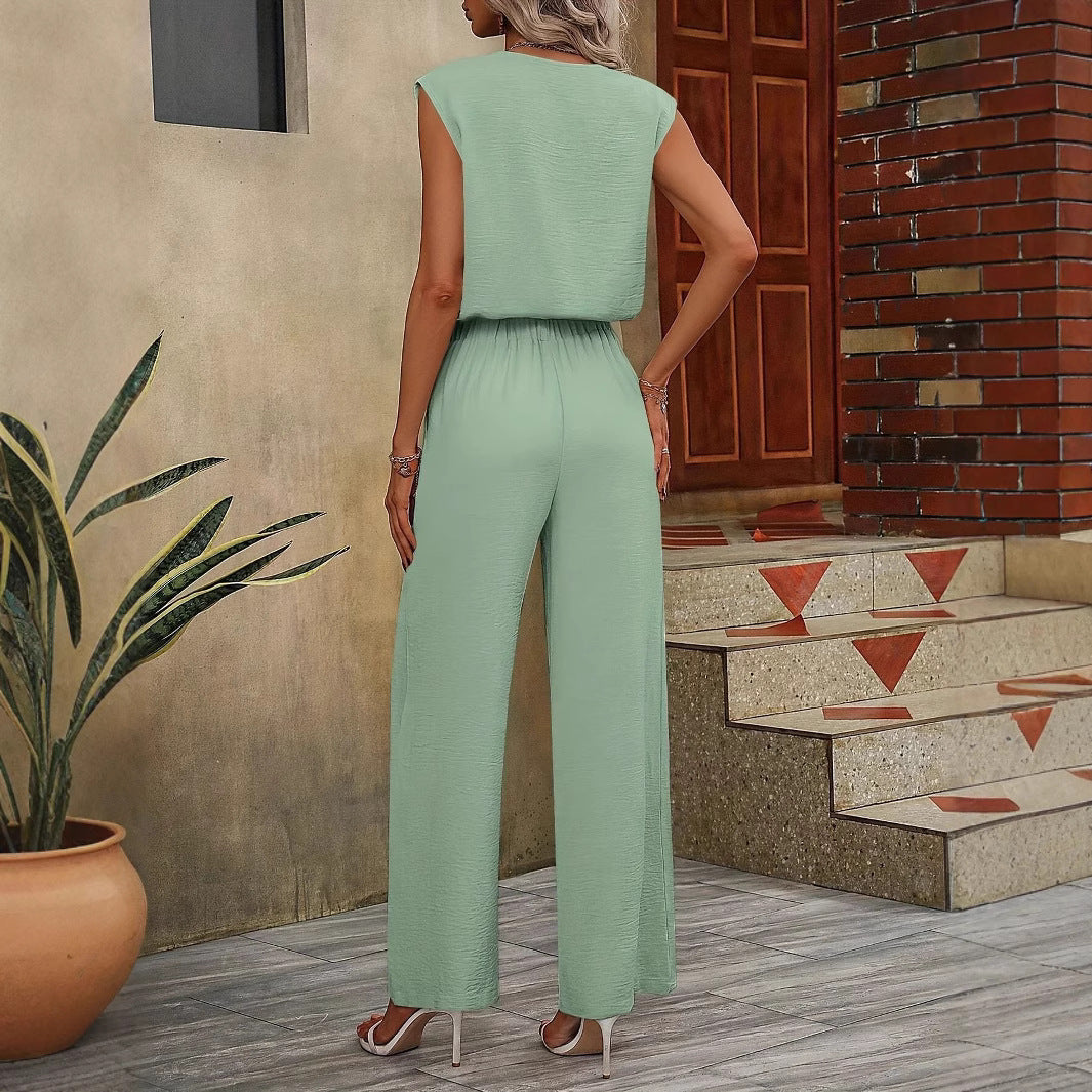 Women’s Top and Trousers Set – Relaxed Fit – V-Neck – Wide Leg – Breathable Blend