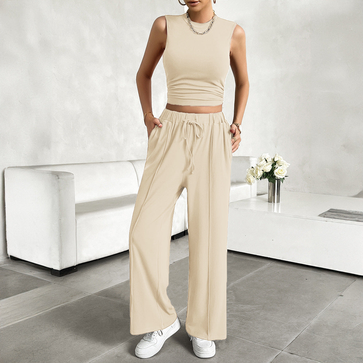 Women’s 2-Piece Set – Sleeveless Crop Top – Wide-Leg Pants – Lightweight Cotton Blend