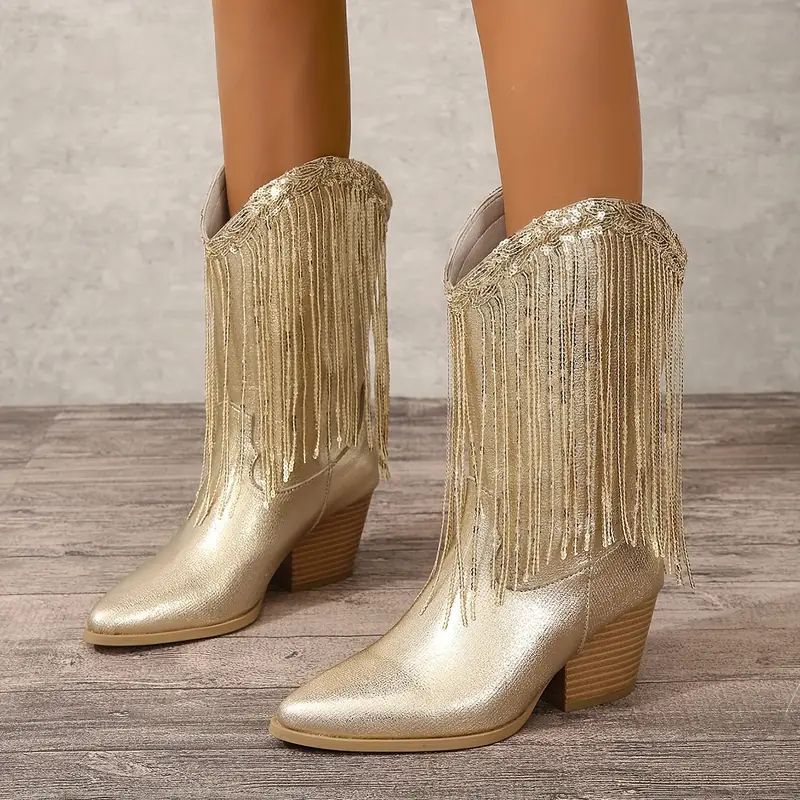 Women’s Mid-Calf Boots – Glossy Finish – Pointed Toe – Fringe – Sequin – Chunky Heel
