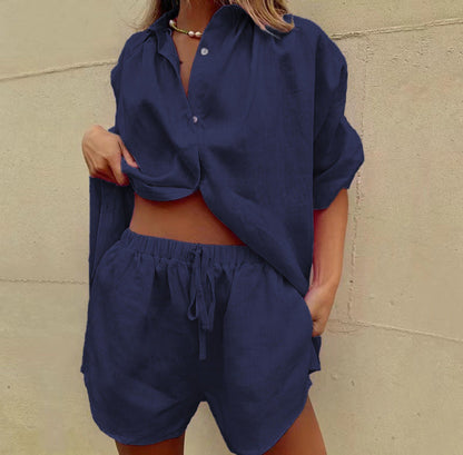 Women’s Two-Piece Set – Linen Blend – Relaxed Fit Shirt – High-Waisted Drawstring Shorts