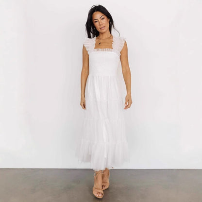 Women’s Long Dress – Smocked Bodice – Tiered Mesh Skirt – Ruffled Sleeveless Straps