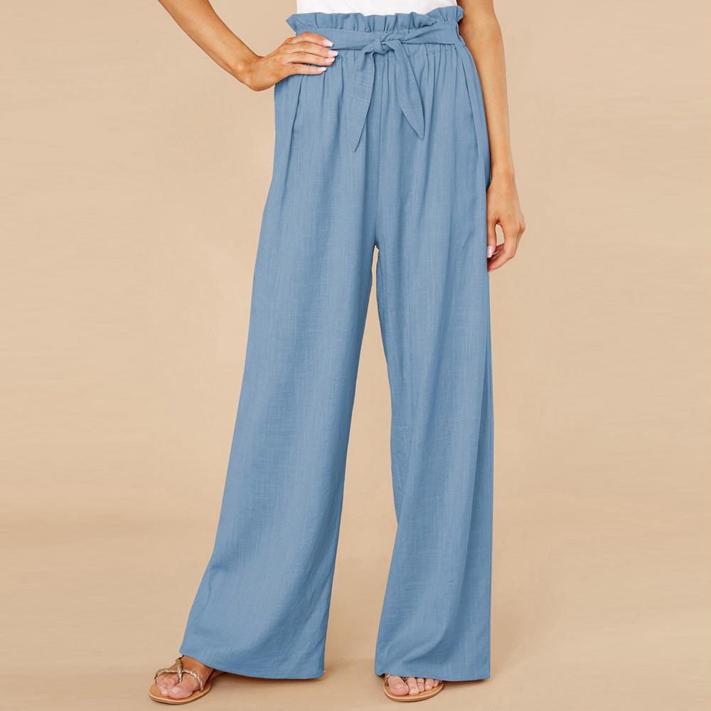 Women’s Wide-Leg Pants – Cotton Linen Blend – High Waist – Elastic Tie Belt