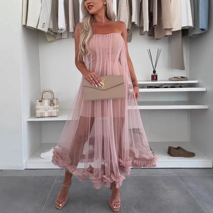 Women’s Strapless Midi Dress – Tulle Overlay – A-Line Loose Fit – Ruffle Hem