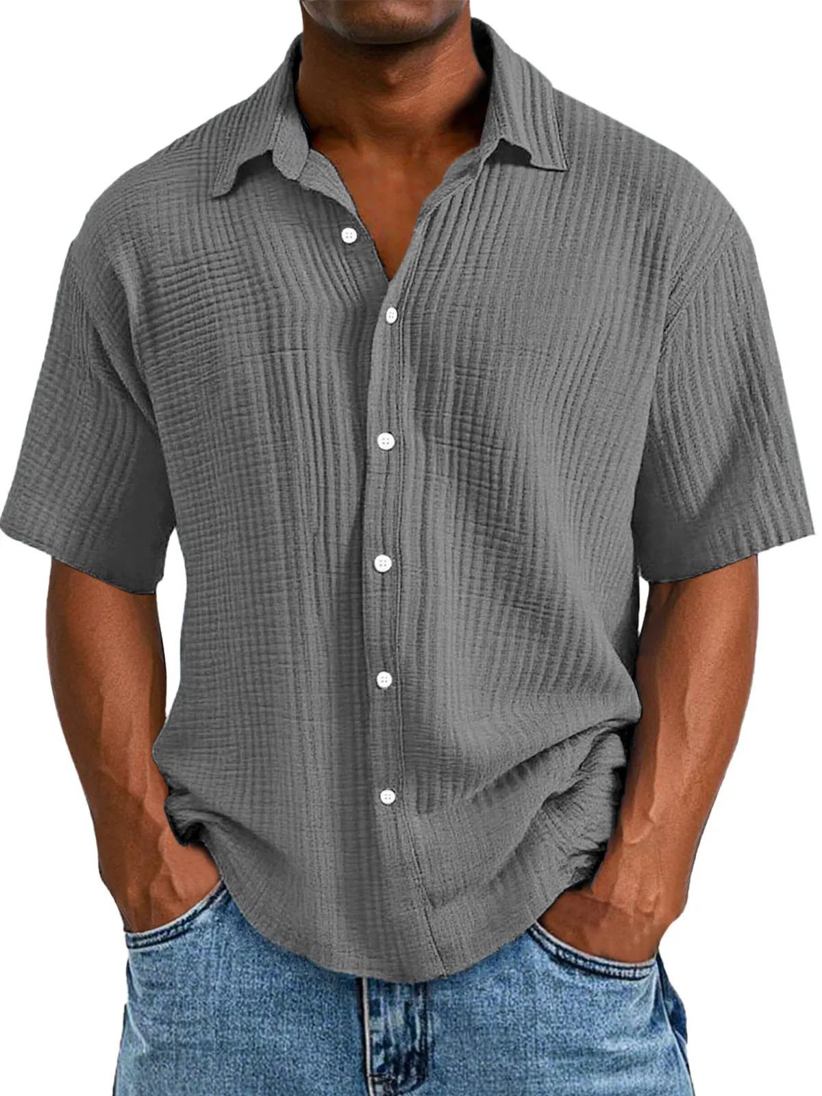 Men’s Short Sleeve Shirt – Relaxed Fit – Wrinkled Texture – Breathable Blend