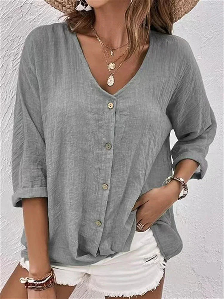Women’s Blouse – Linnen – Relaxed Fit – V-Neck – Button-Down – 3/4 Rolled Sleeve