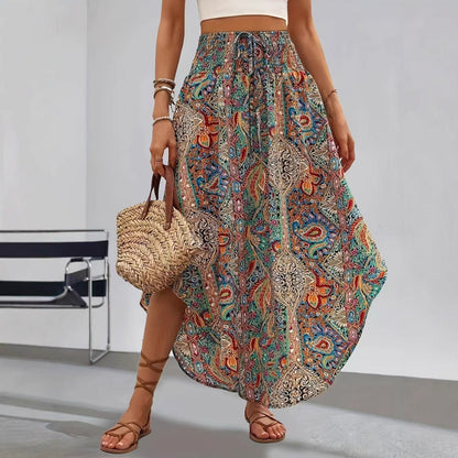 Women’s Maxi Skirt – Boho Print – Flowing A-Line – Elastic Waist – Breathable Blend