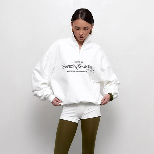 Women’s Sweatshirt – Oversized Fit – Cotton Blend – Half Zip – Letter Print