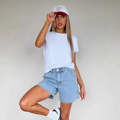 Women’s Denim Shorts – Mid-Rise – Relaxed Fit – Button Zip – 5-Pocket Casual Style