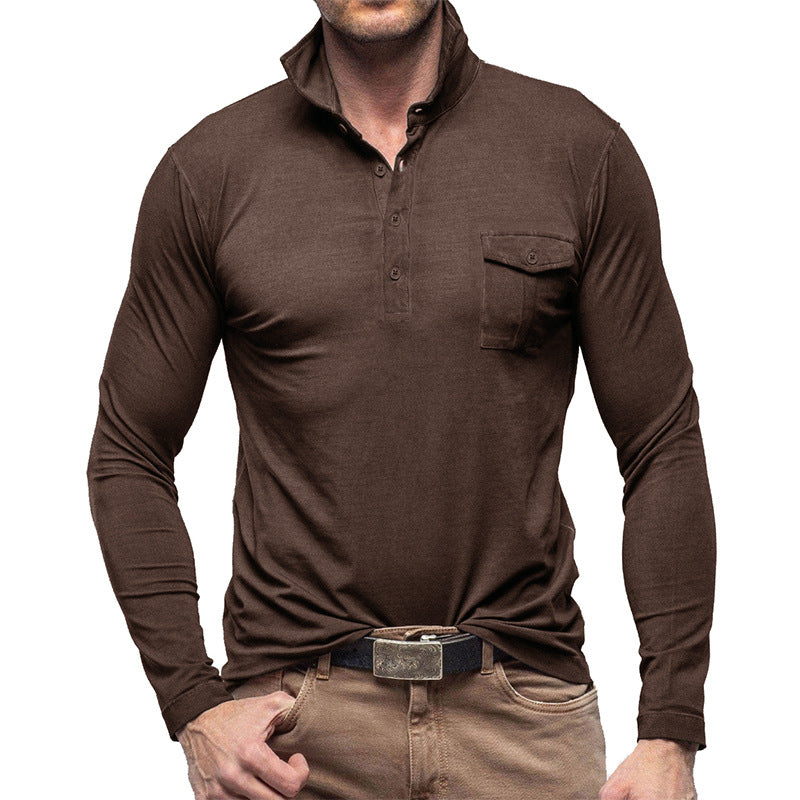 Men’s Henley Polo Shirt – Cotton – Regular Fit – Stand Collar – Chest Pocket