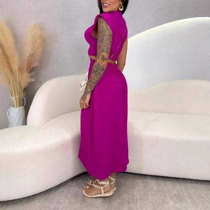 Women’s Midi Dress – Slim Fit – Sleeveless – Cut-Out Waist – Button Front – Stand Collar