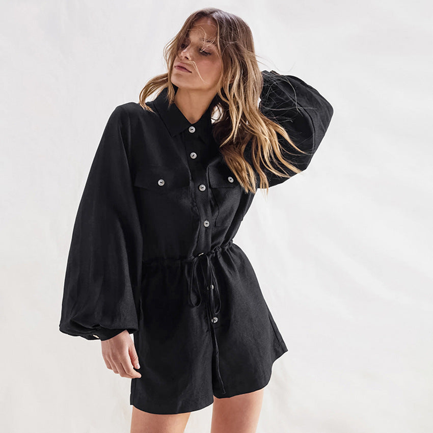 Women’s Romper – Cotton Linen Blend – Long Sleeve – Button Front – Drawstring Waist