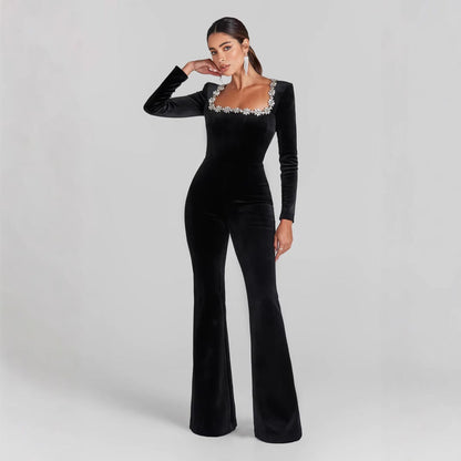Women’s Jumpsuit – Velvet Fabric – Slim Fit – Embellished Neckline – Long Sleeve
