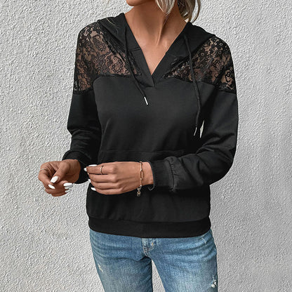Women’s Hoodie – Relaxed Fit – Soft Knit – Lace Detail – Drawstring Hood – Kangaroo Pocket
