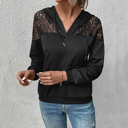 Women’s Hoodie – Relaxed Fit – Soft Knit – Lace Detail – Drawstring Hood – Kangaroo Pocket