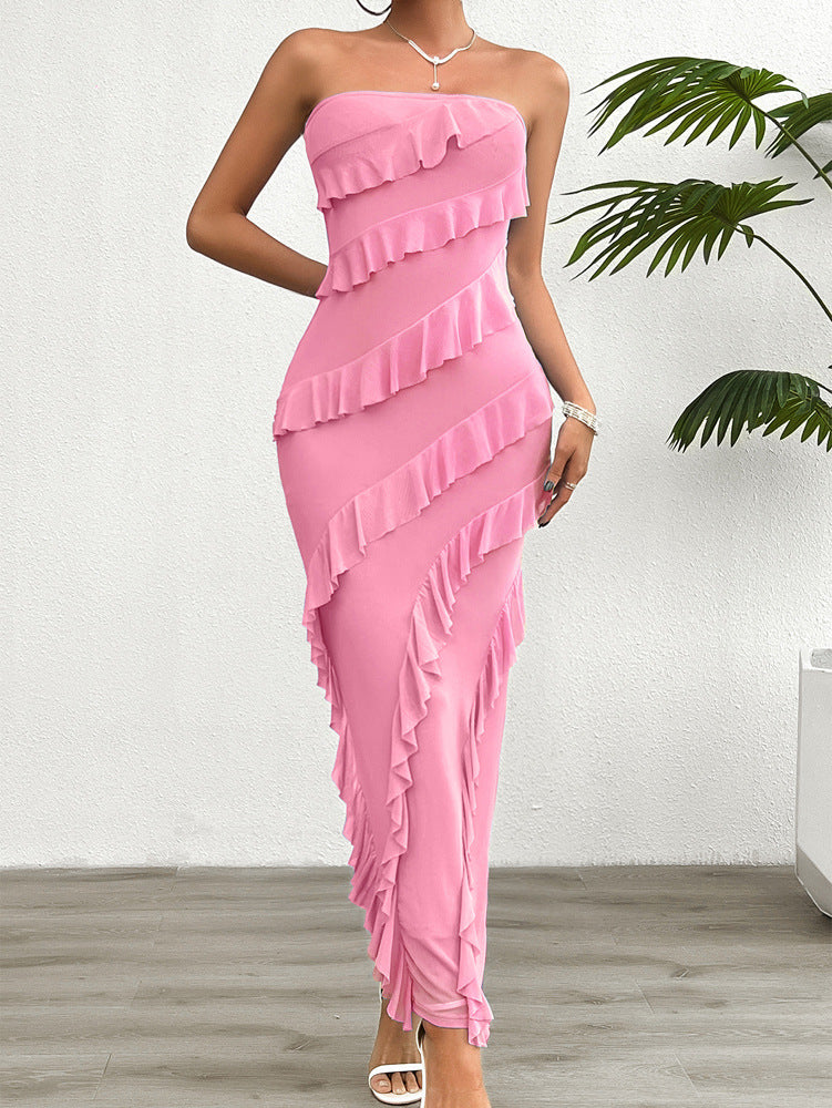 Women’s Strapless Dress – Bodycon Fit – Full Length – Asymmetrical Ruffle Detail