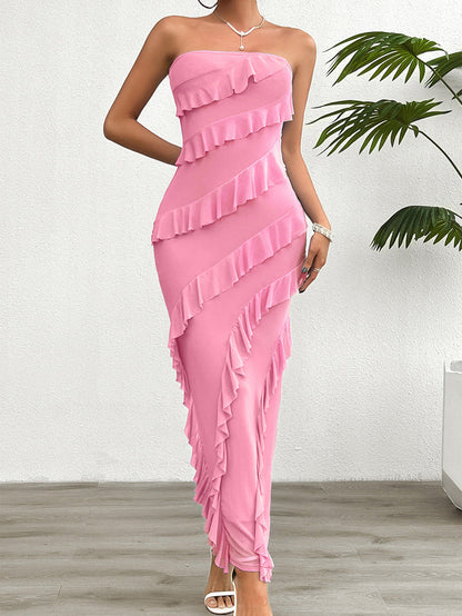 Women’s Strapless Dress – Bodycon Fit – Full Length – Asymmetrical Ruffle Detail