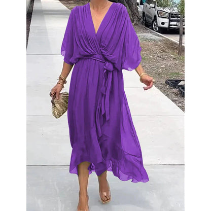 Women’s Maxi Dress – Flowing Fit – Batwing Sleeves – Tie Waist – Asymmetrical Hem
